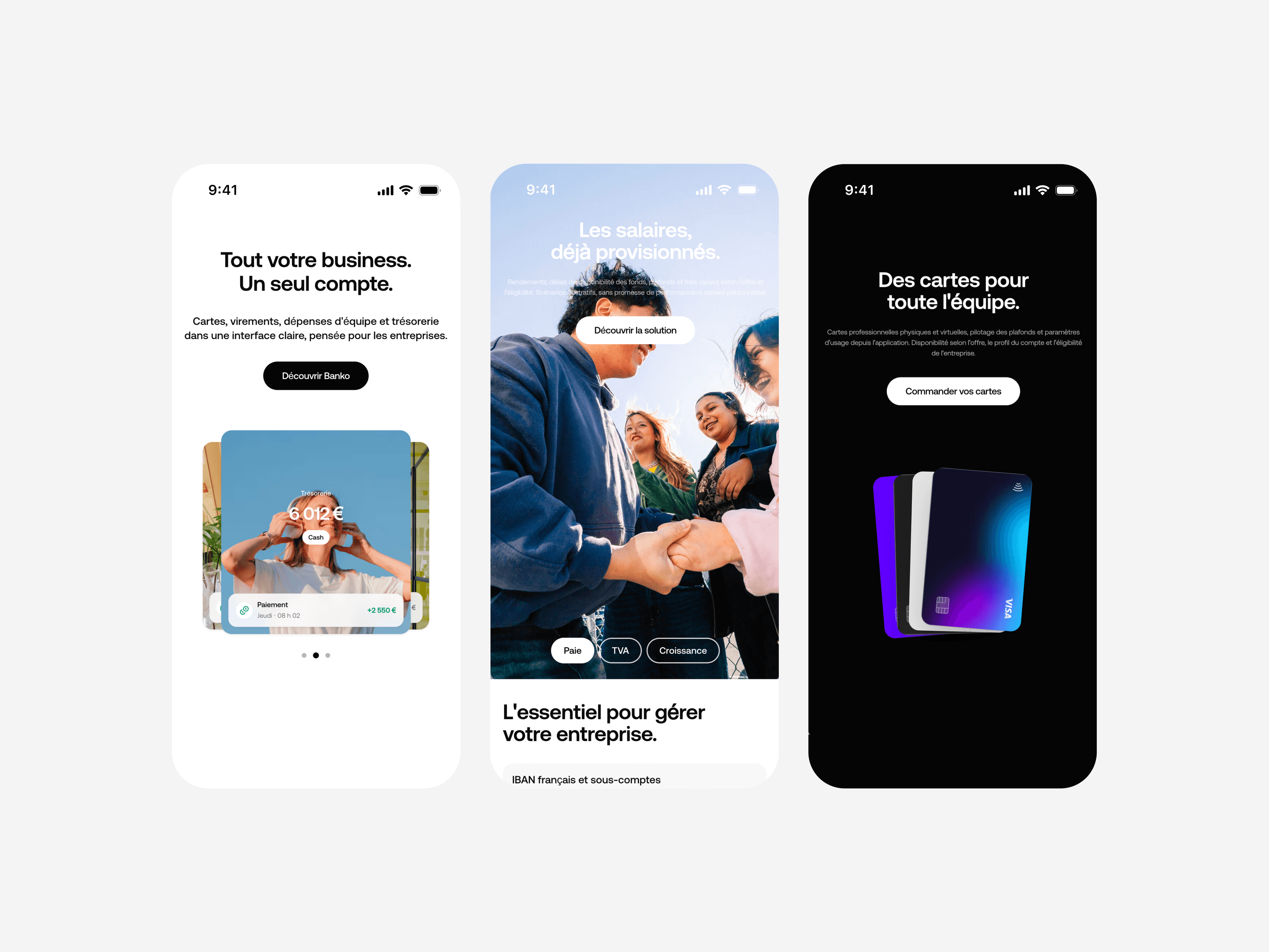Three iPhone-width Banko mobile screens side by side — product landing, lifestyle feature, and cards in light and dark UI.