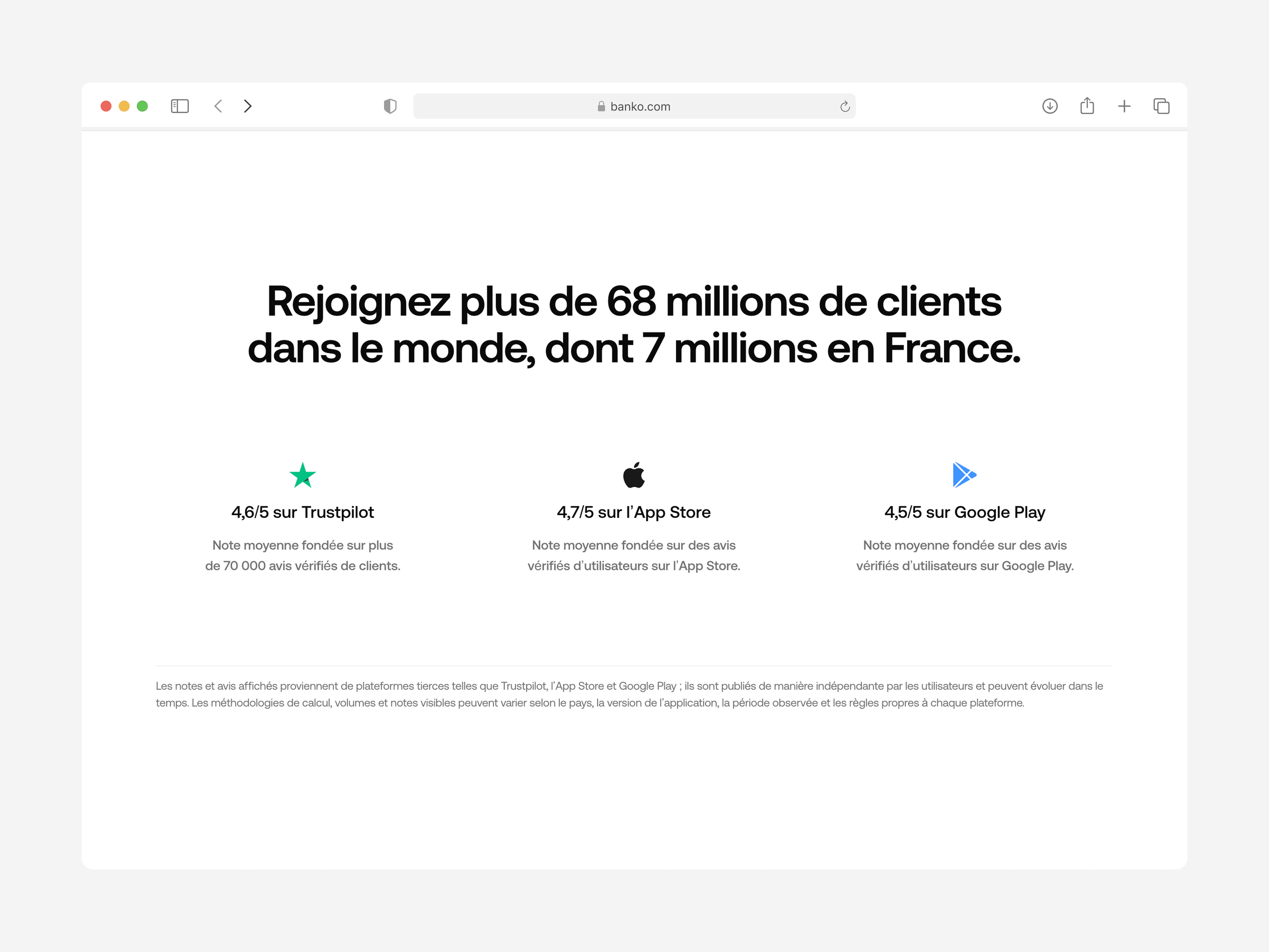 Customer ratings and social proof on Trustpilot, App Store, and Google Play.